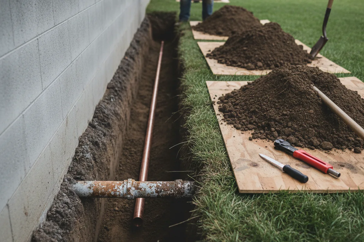 Excavated water line trench during Water Heater Repair in Diablo